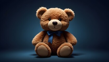 Obraz premium A delightful teddy bear with a blue bow tie sits against a dark blue background.