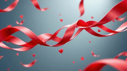 Flowing red ribbons and floating hearts create a romantic and dreamy visual on a soft blue background.