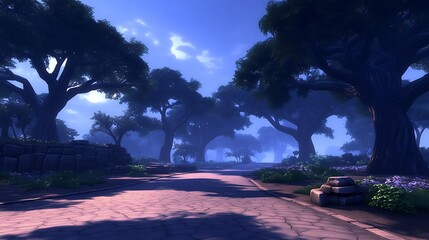 Serene Dusk Path Magical Forest Road at Twilight with Ancient Trees