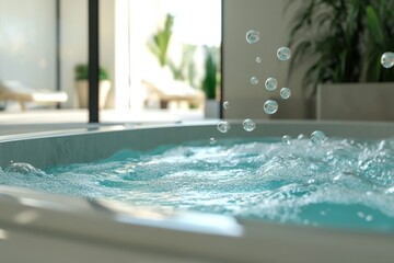 Modern pool area with spa corner, bubbles rising in thermal water