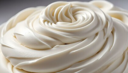 Close-up of creamy, elegantly swirled whipped cream, perfect for decadent desserts.