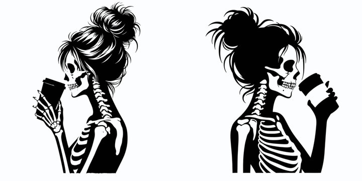Female Skeleton with Messy Bun Drinking Coffee. Clipart silhouette vector illustration. Ladys skull figure undone hair sipping java a caffeine deadhead.