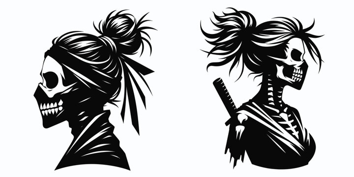 Female Skeleton with Messy Bun Ninja. Clipart silhouette vector illustration. Woman skeletal warrior untidy hairdo occult martial arts persona.