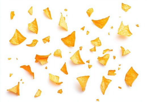 Falling yellow triangular tortilla chip with small pieces isolated on a white background