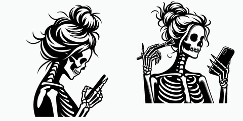 Fototapeta premium Female Skeleton with Messy Bun Texting. Clipart silhouette vector illustration. Cranium gal disheveled hair knot operating cellular gadget image.