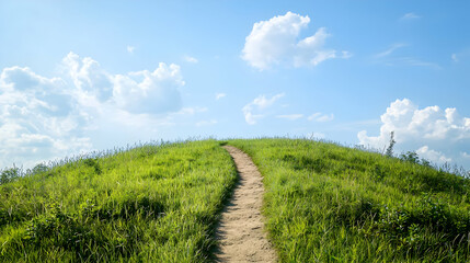 Obraz premium Scenic Pathway Through Lush Green Hill Under Sunny Sky