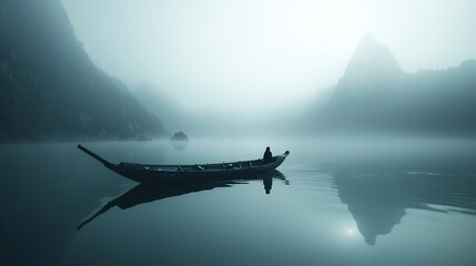 Mystical Journey: A Lone Figure in Boat on Misty Lake Surrounded by Mountains