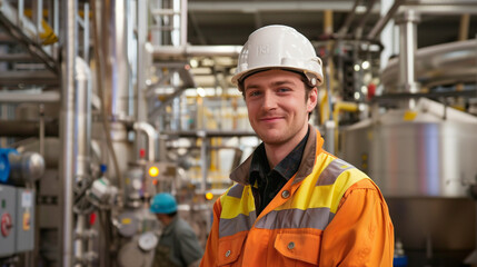 工場内で真剣な表情を見せる若い白人の作業員男性　背景は機械が並ぶ製造現場