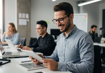 Fototapeta premium Smiling man using a tablet in a modern office setting with colleagues working in the background