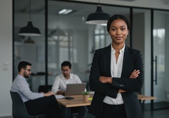 Confident businesswoman stands with arms crossed in modern office with colleagues working in the background