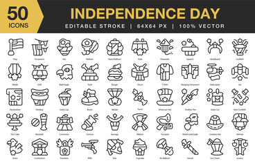 Independence Day icon set. Editable Stroke Icon Collection. Includes holiday, freedom, flag, independence, national, celebration, and More. Outline icons vector collection.