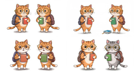 Fototapeta premium Cartoon Cute Cats with Backpacks and Books - Adorable cartoon cats wearing glasses, carrying backpacks, and holding books. Perfect for education, children's themes