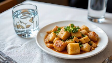 Delicious Homemade Gnocchi Served with Fresh Herbs and Garnish on a White Tablecloth with Water Glass