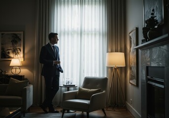 Thoughtful businessman in suit stands by window in elegant living room with soft light