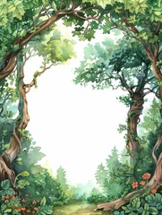 Beautiful Enchanted Forest Border Frame with Watercolor Art Elements and Natural Scenery