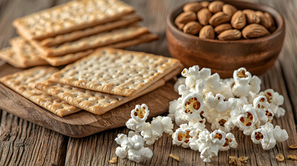 Fototapeta premium Stacked Crackers Popcorn And Almonds On Wooden Board
