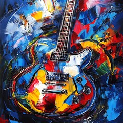 Electric guitar in vibrant abstract art with swirling blue and red
