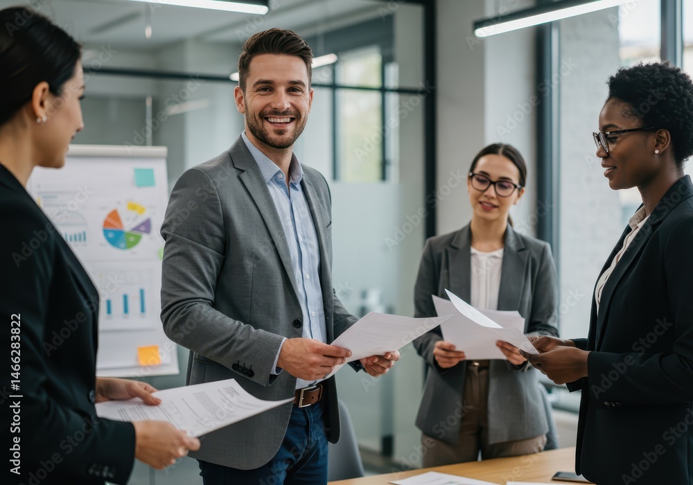 Poster smiling man in suit holds documents while standing with diverse colleagues in modern office space