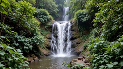 Fototapeta premium Serene Waterfall Surrounded by Lush Green Foliage in a Tranquil Forest Setting