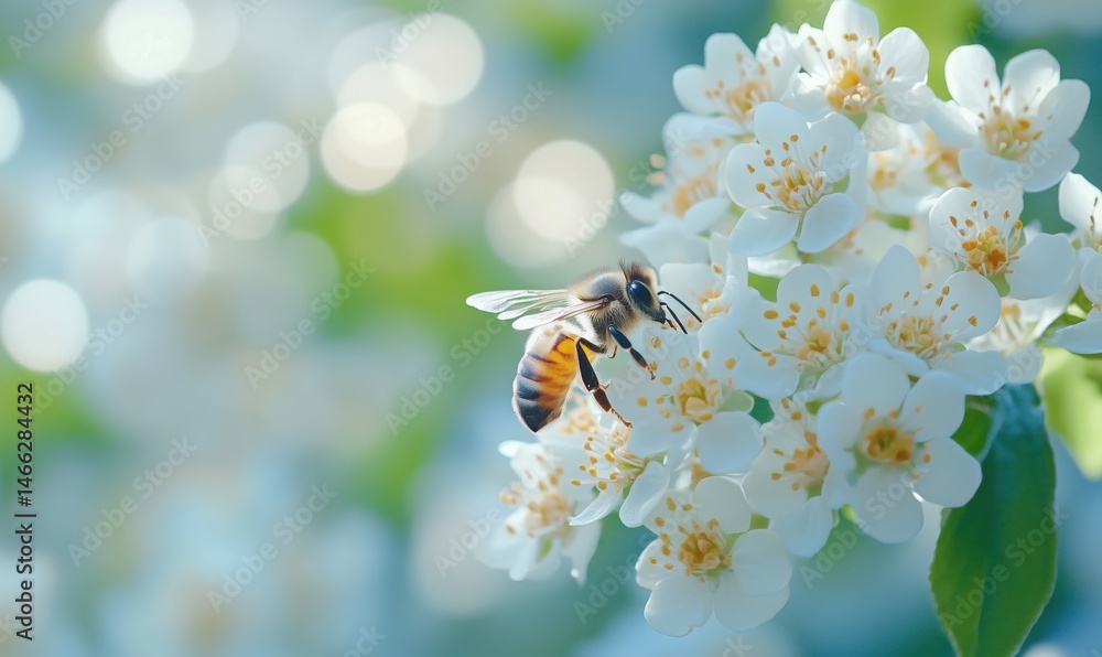 Poster bee pollinating white flowers in soft focus background with bokeh effect