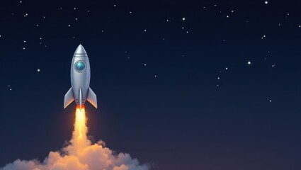 Rocket Launch at Night Spacecraft Ascending Through Starry Sky Blast Off