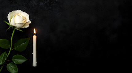 Copy Space Banner with White Rose and Candle on Black Background