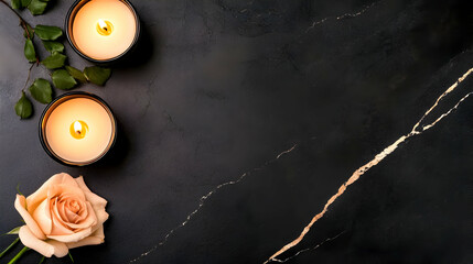 Copy Space Banner with White Rose and Candle on Black Background