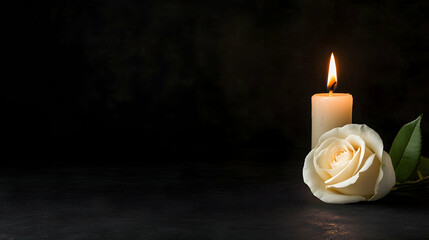 Copy Space Banner with White Rose and Candle on Black Background