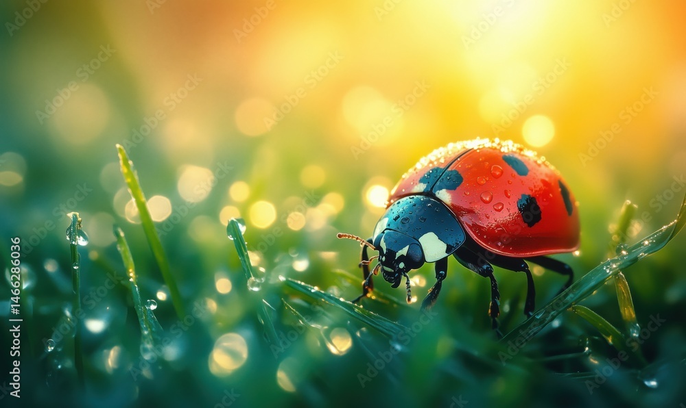 Poster close-up of a ladybug on grass with dew drops and soft sunlight background