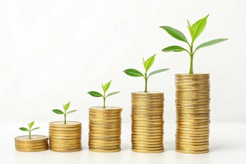 Gold coins stacked progressively taller, each adorned with a growing green plant, representing investment growth, sustainability, and eco-friendly wealth accumulation, On a white background