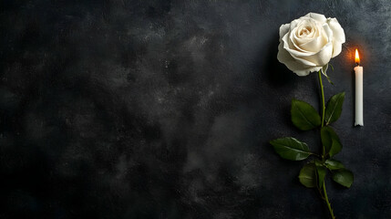 Copy Space Banner with White Rose and Candle on Black Background