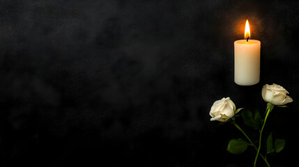 Copy Space Banner with White Rose and Candle on Black Background