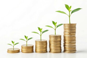 Gold coins stacked progressively taller, each adorned with a growing green plant, representing investment growth, sustainability, and eco-friendly wealth accumulation, On a white background