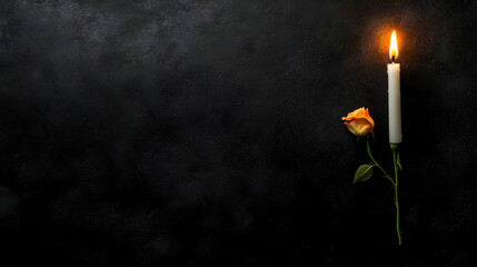 Copy Space Banner with White Rose and Candle on Black Background