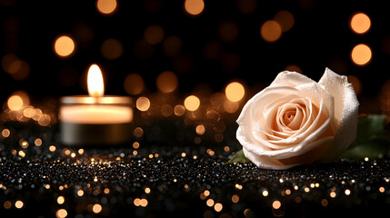 Copy Space Banner with White Rose and Candle on Black Background