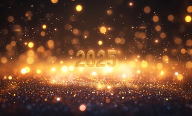 Banner design with golden number "2025" on a black background with glitter and bokeh lights
