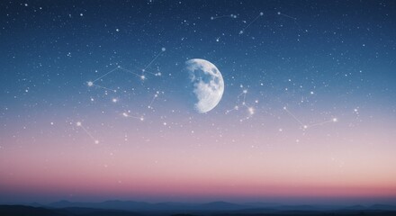 Fototapeta premium Celestial Night Landscape - Serene night sky with a half moon, stars, and constellations over a tranquil landscape at dawn or dusk