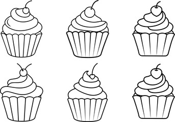 Set of cupcake outline vector illustration, line art