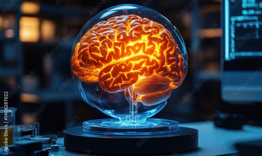 Poster illuminated brain model in laboratory setting showcasing neural activity and structure