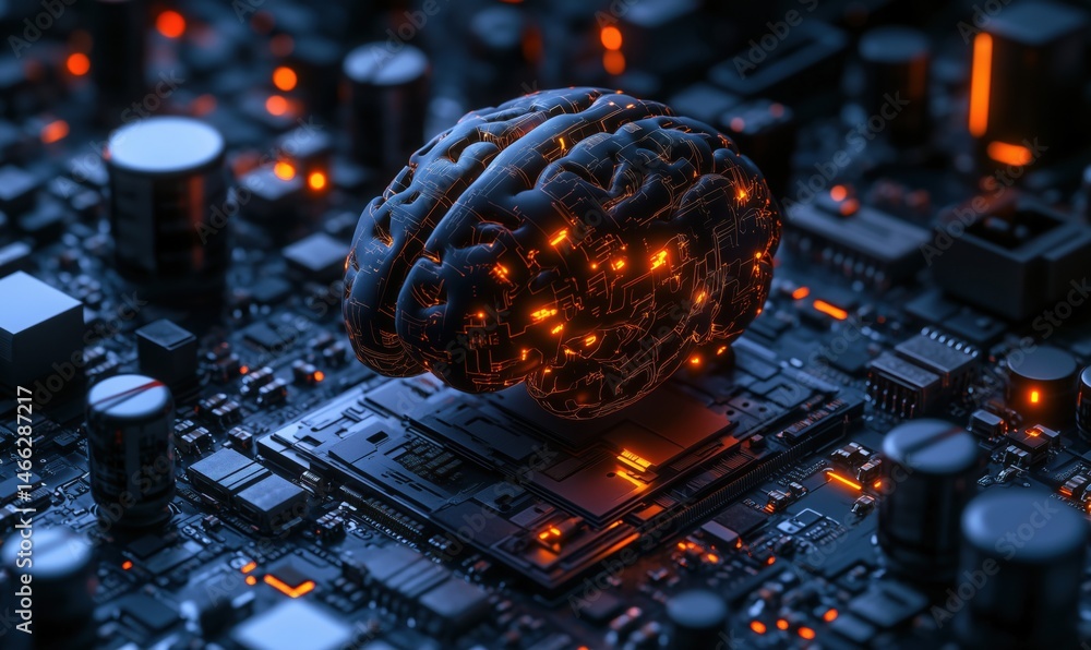 Poster artificial intelligence brain on circuit board with glowing elements and technology theme