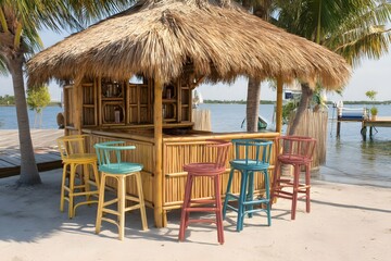 Fototapeta premium A vibrant, breezy tiki bar exploding with fun, delight, and beachy warmth.