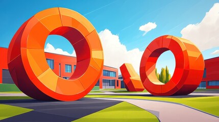 Modern art installation on a university campus evoking creativity and innovation under a bright blue sky symbolizing knowledge pursuit