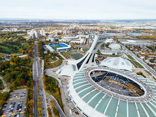Aerial view of Botanic garden and stadium in the background. Montreal, Quebec, Canada