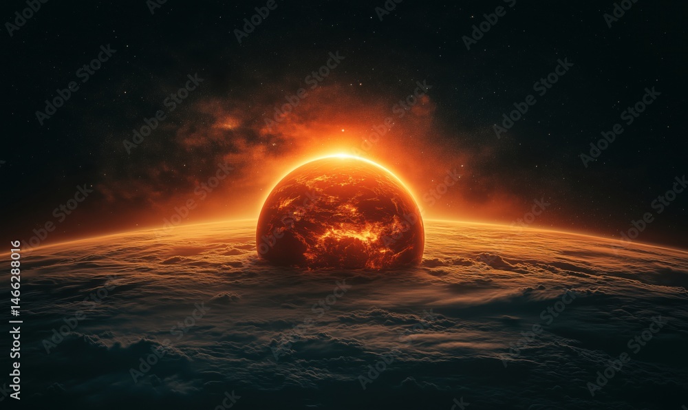 Poster stunning view of a planet during a solar eclipse with fiery atmosphere and clouds