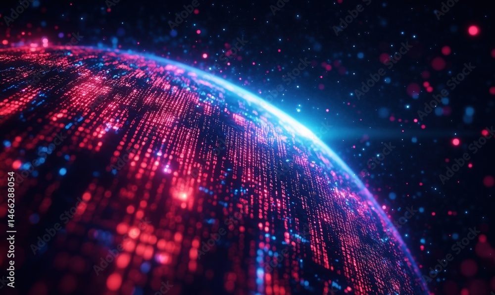 Poster digital earth with glowing data points and vibrant colors in space