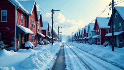 Icy street, snow-covered buildings, bleak sky, grey, city buildings