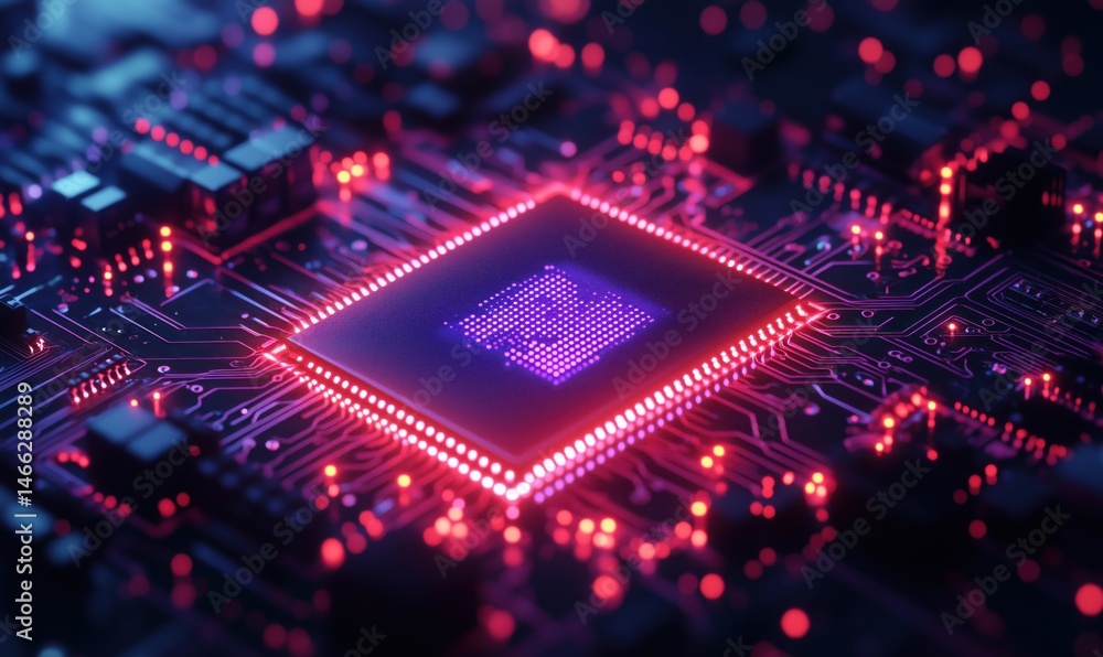 Poster high-tech microprocessor on circuit board with glowing lights and intricate design
