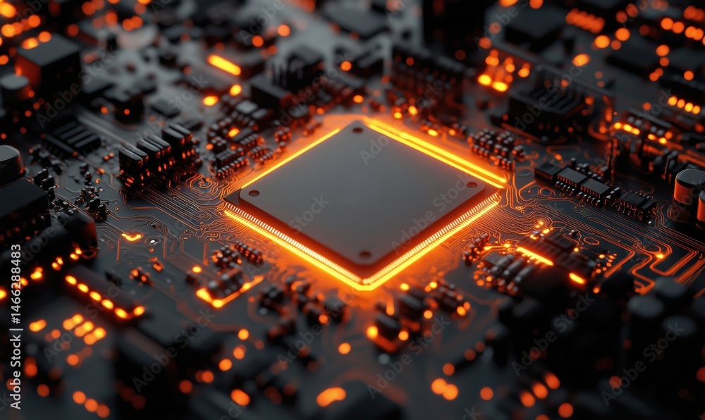 Poster high-tech microprocessor on circuit board with glowing orange accents and intricate details