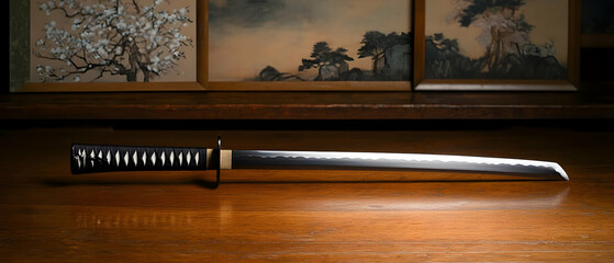 Japanese Katana Sword On Wooden Table