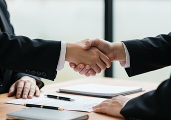 Business handshake over a desk with paperwork and pens, symbolizing agreement and partnership